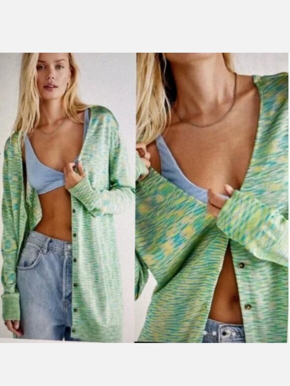 Free People Into the Night Longline Cardigan Tunic Green Multi Stripe ~ Large